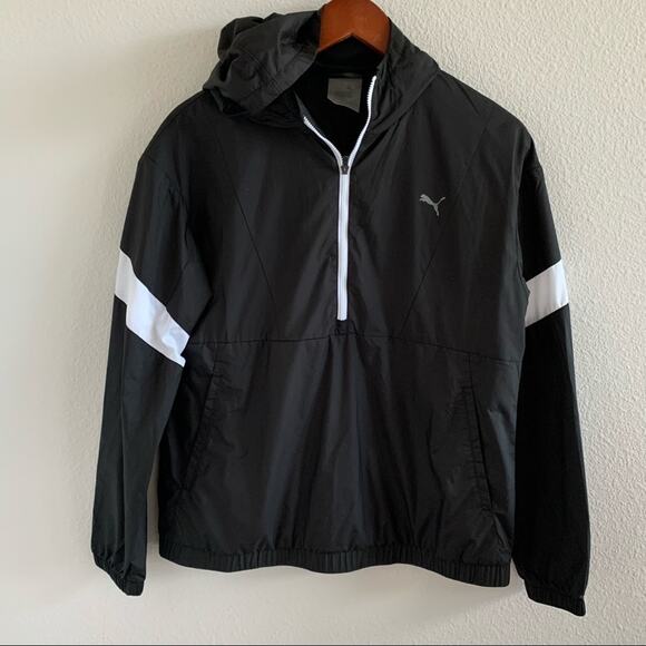 Puma A.C.E. Half Zip Hooded Jacket Windbreaker Lightweight Black White Small - Picture 1 of 9